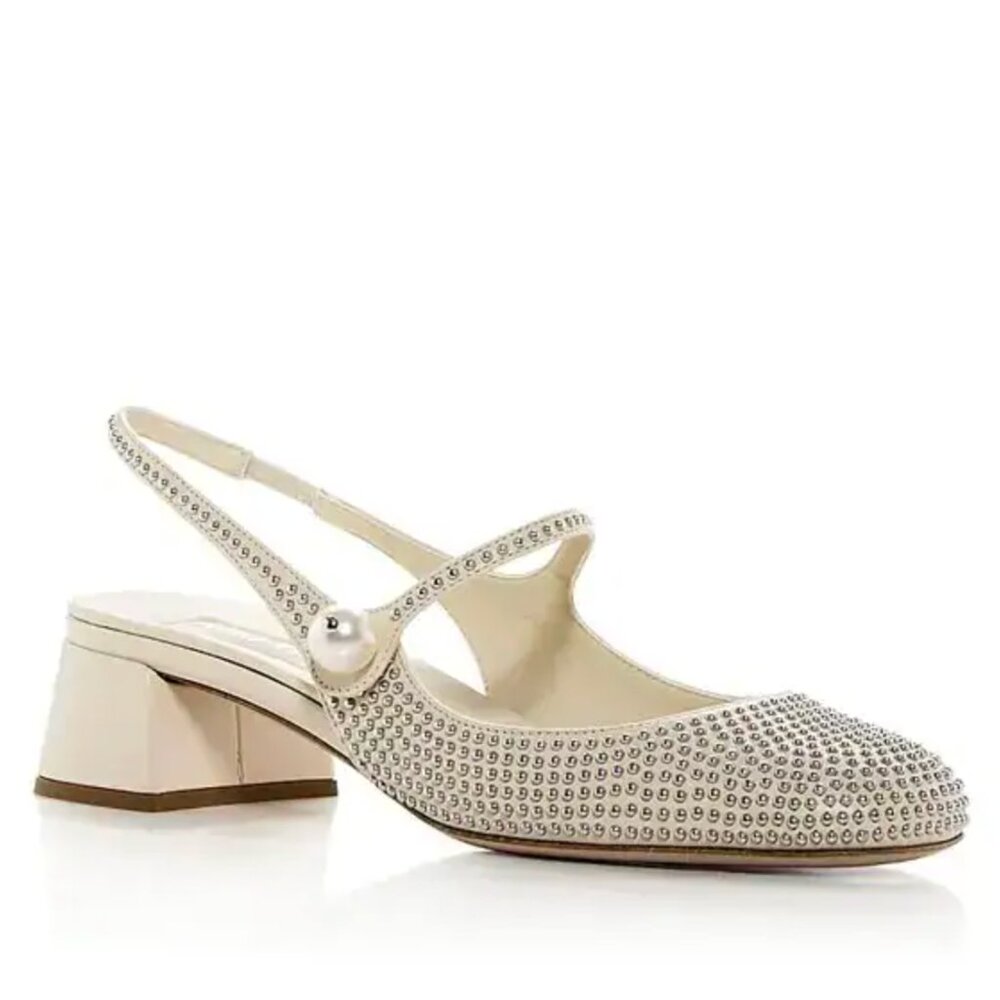Miu Miu Calzature Embellished Slingback 35MM Leather Pumps Size 38 Ivory